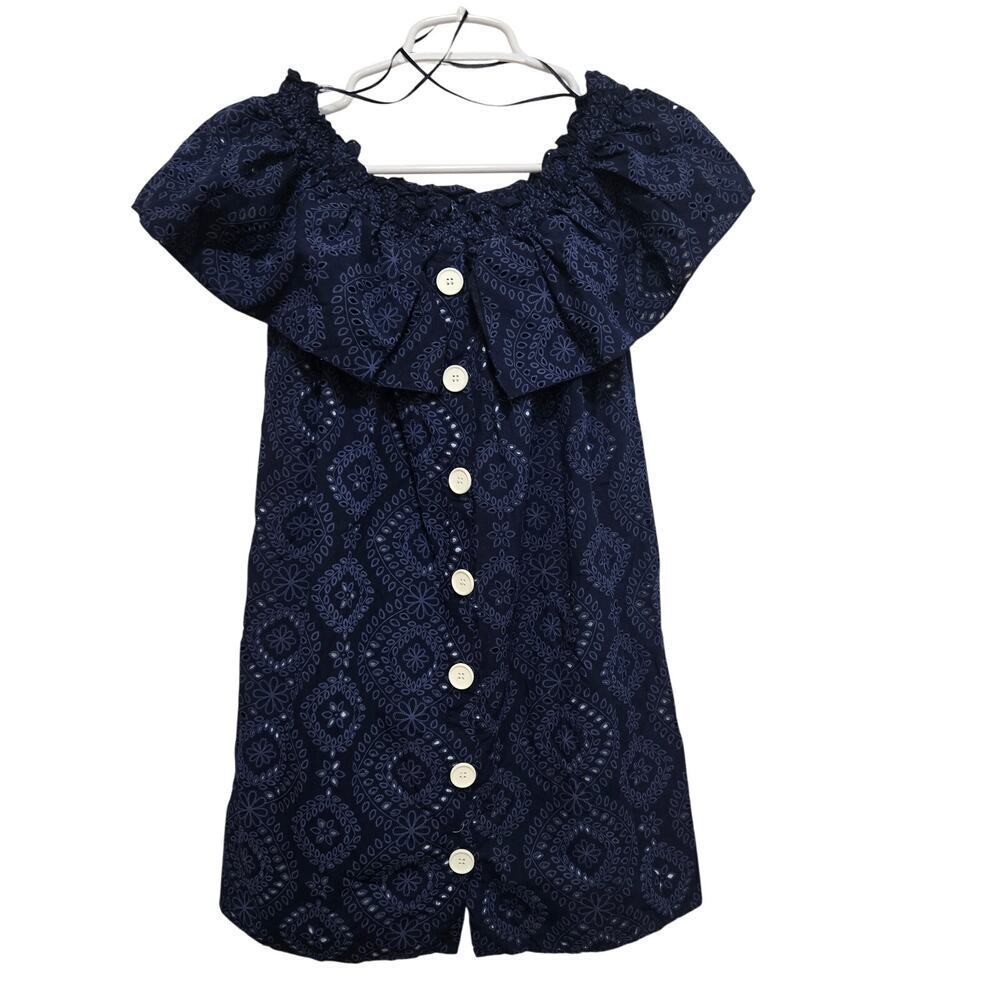 Zara Off Shoulder Eyelet Mini Dress Small Navy Blue Boho